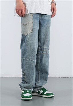 Blue Washed Patchwork Pants Jeans Trousers Y2k