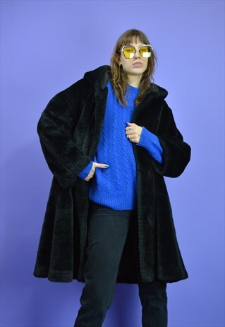 VINTAGE BLACK HOODED FAUX FUR COAT