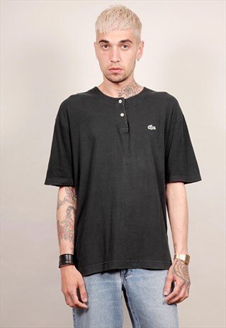 VINTAGE 90'S LACOSTE OVERSIZE BLACK RIBBED BUTTON-UP T-SHIRT