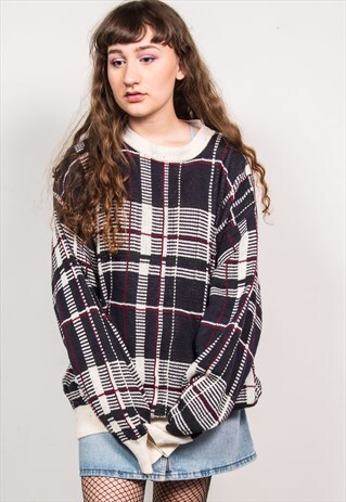 VINTAGE 90'S BLUE CHECK KNIT LONG SLEEVE JUMPER