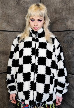 SKA Check fleece jacket handmade reversible chess coat white