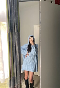 Vintage Knitted Baby Blue Hoodie Y2K Mid Dress