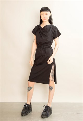 BLACK MIDI DRESS COWL NECK ORGANIC COTTON