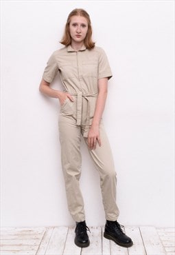 Vintage 80's S Jumpsuit Overall Military Utility Cargo Beige