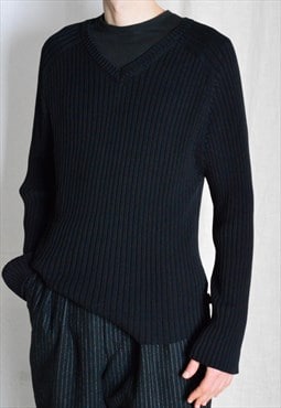 Y2K Black Minimalist Ribbed Knit Cotton V-Neck Sweater