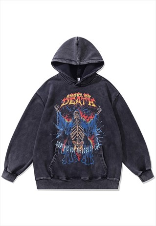 DEATH PRINT HOODIE VINTAGE WASH PULLOVER GRIM REAPER JUMPER