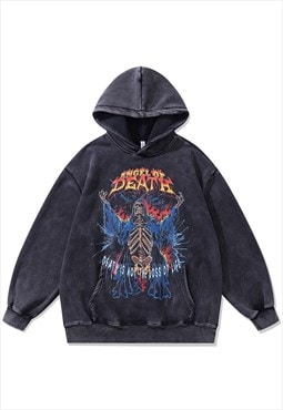 Death print hoodie vintage wash pullover Grim reaper jumper