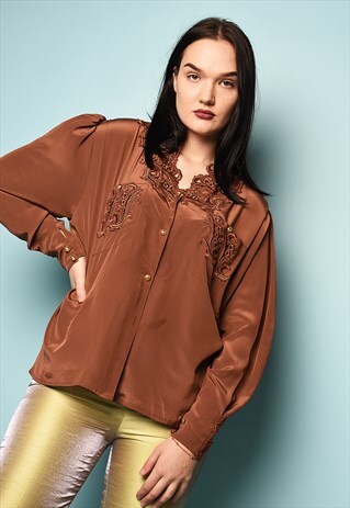80'S RETRO LACE DETAILED SHIMMER SATIN SHIRT BLOUSE IN BROWN