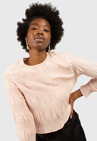 PINK TIERED WRINKLE LONG SLEEVED BLOUSE