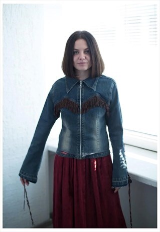 VINTAGE 90'S BLUE DENIM WESTERN STYLE FRINGE JACKET