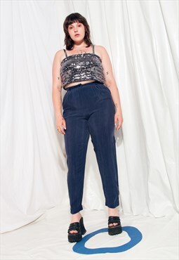 Vintage Trousers 80s High-waisted Silky Blue Tapered Pants
