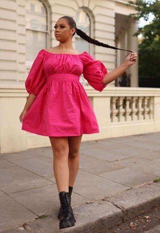 PUFF-SLEEVED PINK POPLIN DRESS