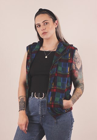 VINTAGE 90'S CHECKED FLEECE JACKET GILET /A14013