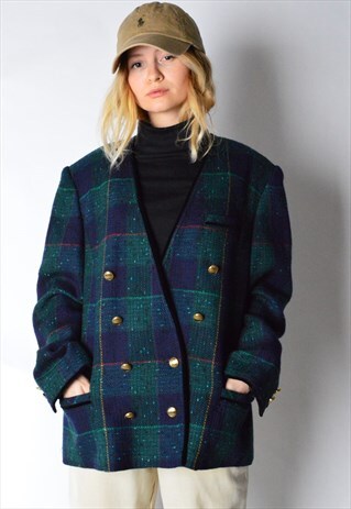 VINTAGE 80S NAVY BLUE GREEN CHECK WOOL BLEND BLAZER