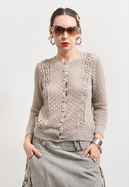 Vintage crochet blouse openwork top long sleeve women M/L