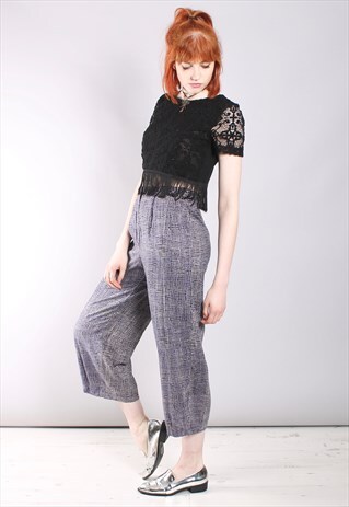 VINTAGE 80S PURPLE CHECK HIGH WAISTED CROPPED TROUSERS