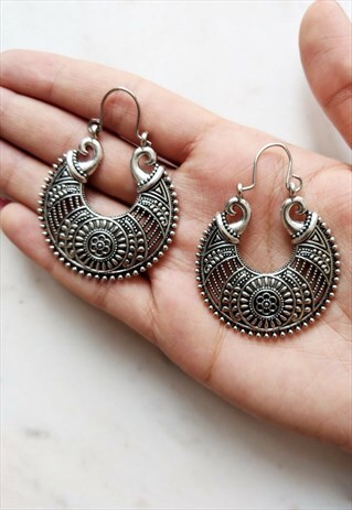 KUTCHI ETHNIC EARRINGS SILVER METAL BOHEMIAN CHUNKY HOOPS