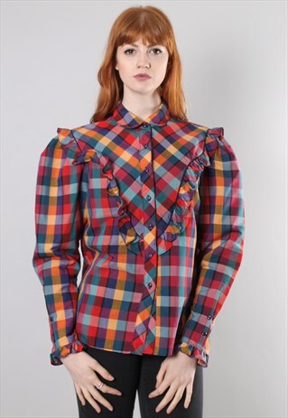 VINTAGE 80S BRIGHT CHECK RUFFLE BLOUSE