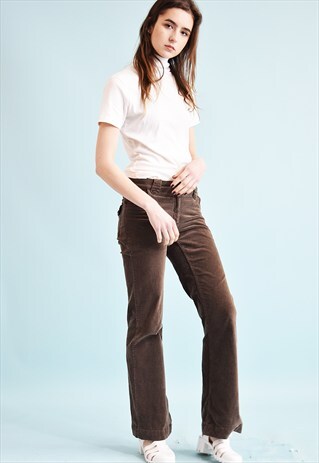 90'S RETRO CORDUROY BROWN LOW WAIST FLARE TROUSERS