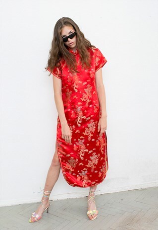 VINTAGE CHEONGSAM MIDI DRESS RED JACQUARD DRAGON PATTERN