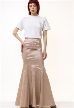 80s Vintage Woman Beige A Line Midi Skirt 5239