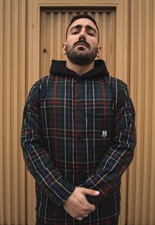 SWEATSHIRT IN GREEN TARTAN WITH HOODIE AND BUTTONS