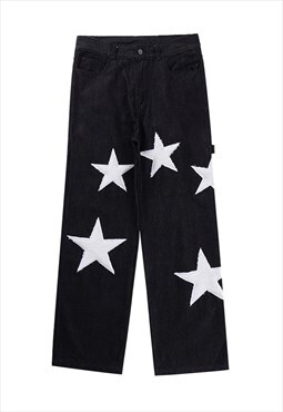 Stars patch pants wide fleece applique joggers in black