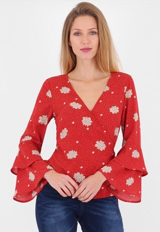 RED FLARED SLEEVE WRAP TOP