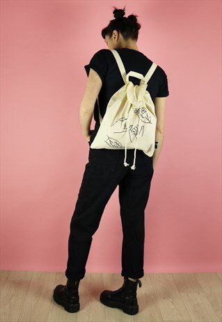 HANDS LINE DRAWING PRINT CANVAS BACKPACK - BLACK ON NATURAL