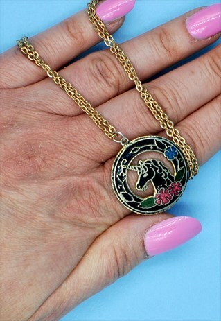 80S UNICORN CLOISONNE NECKLACE MYTHICAL VINTAGE JEWELLERY