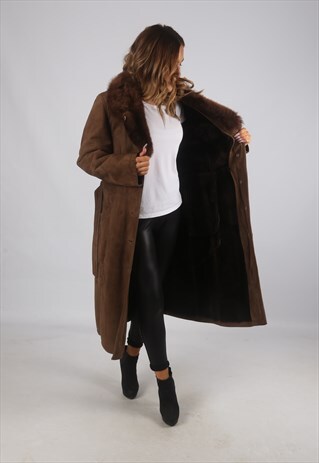 VINTAGE SHEEPSKIN SUEDE SHEARLING COAT LONG UK L 14 (J9AO)