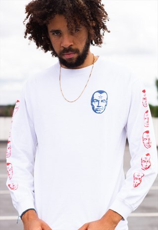 VINTAGE 90'S OBEY LONG SLEEVE T SHIRT IN WHITE, BLUE AND RED