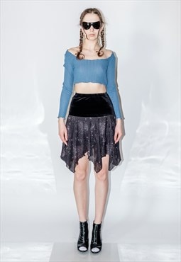 Vintage Y2K whimsy asymmetrical shiny skirt in night black