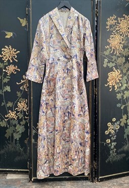 30's Vintage Ladies Satin Jacket Maxi Dress Cream Printed