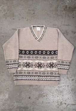 Vintage Abstract Knitted Jumper Beige Patterned Grandad 