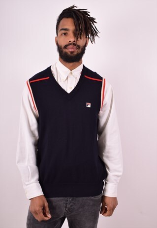 FILA MENS VINTAGE VEST TANK TOP LARGE NAVY BLUE 90S