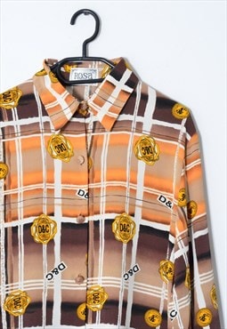Vintage 80s Orange Brown Check Graphic Long Sleeve Shirt