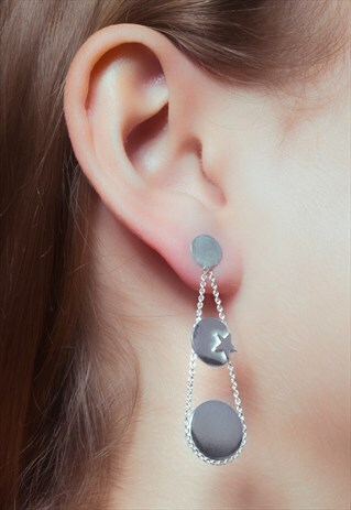 MOON AND STAR DISC DROP STUD EARRINGS STERLING SILVER