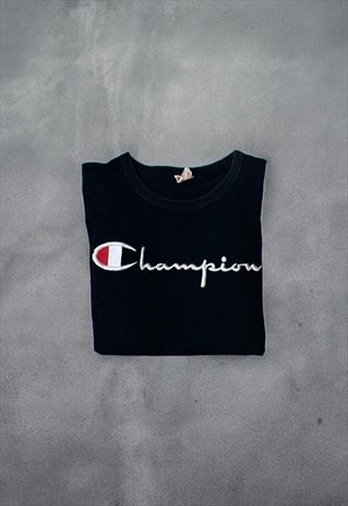 VINTAGE BLACK CHAMPION EMBROIDERED SPELL OUT T SHIRT
