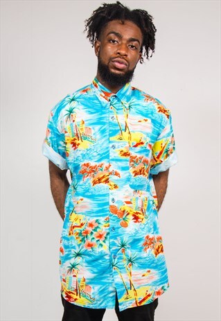VINTAGE 90'S BLUE HAWAIIAN TROPICAL SHORT SLEEVE SHIRT