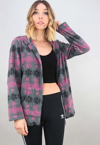 VINTAGE RETRO OVERSIZED PATTERNED ZIP UP FLEECE HOODIE