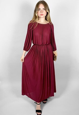 70'S VINTAGE BURGUNDY SLINKY PLEATED 3/4 SLEEVE MAXI DRESS