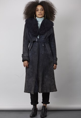 VINTAGE 70'S PREMIUM NAVY BLUE MAXI SHEEPSKIN COAT