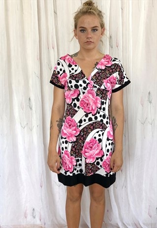 WHITE AND PINK ROSES VINTAGE DRESS