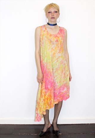 VINTAGE TIE DYE PINK YELLOW MAXI BOHO FESTIVAL DRESS RAINBOW