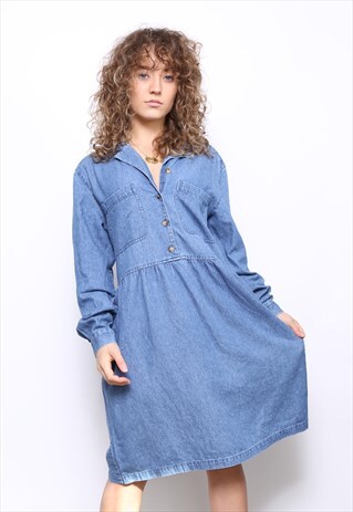 VINTAGE 90S BLUE DENIM BUTTON FRONT MIDI DRESS