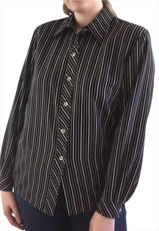 VINTAGE 80S 90S BUTTON UP LONG SLEEVE STRIPY BLUE SHIRT TOP