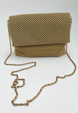 70's Vintage Ladies Bag Gold Beaded Handbag Chainmail 