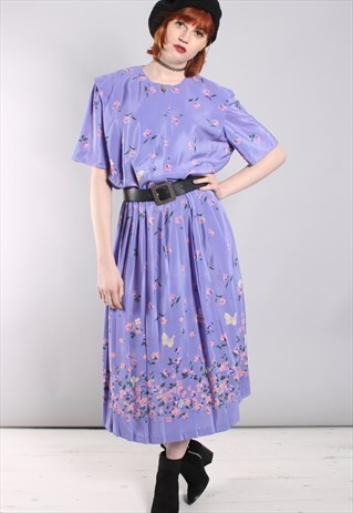 VINTAGE 80S LILAC FLORAL PATTERNED PLEATED MIDI DRESS
