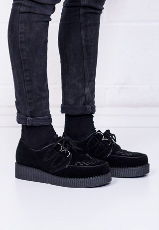 QUAY MENS LACE UP PLATFORM FLAT CREEPER SHOES - BLACK SUEDE